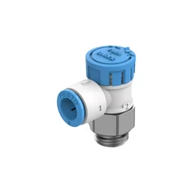 One-way flow regulator, swivel elbow, cylinder side, regulates exhaust