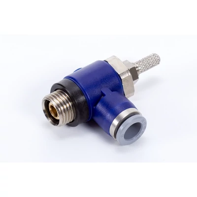 One-way flow regulator, swivel elbow, cylinder side, regulates exhaust
